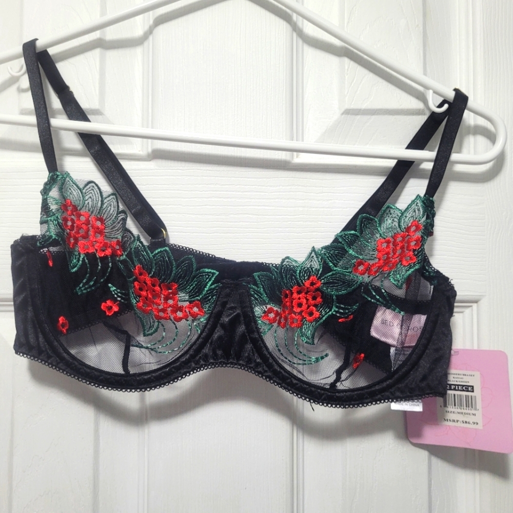 Embroidered Black and Red Bra